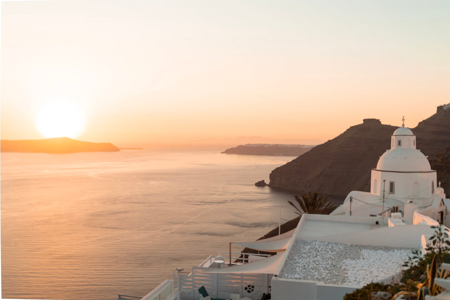 White church during Santorini sunset