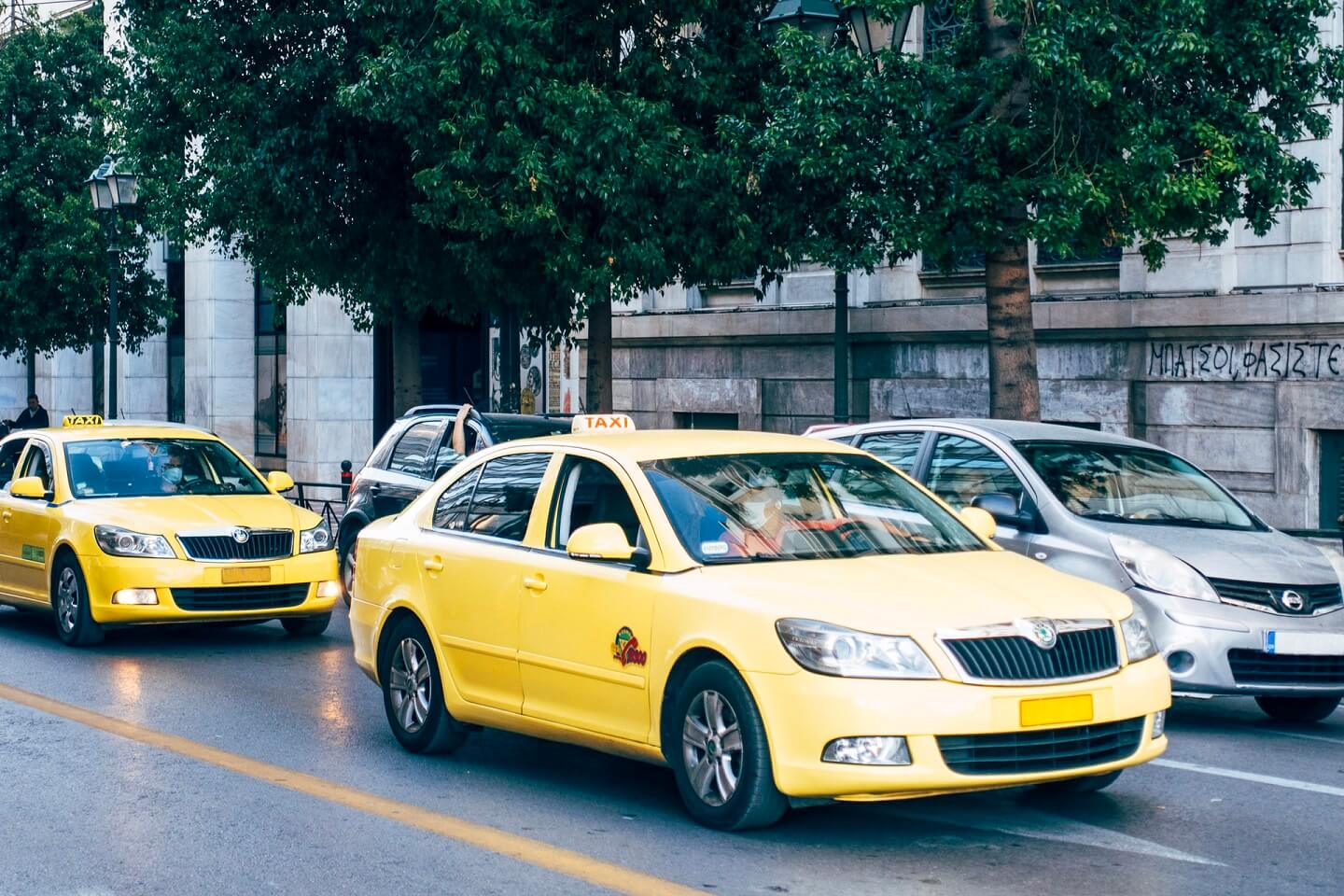 Yellow taxi in Athens Greece