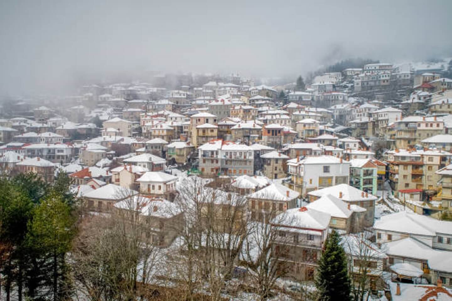 Houses covered in snow in Metsovo Greece