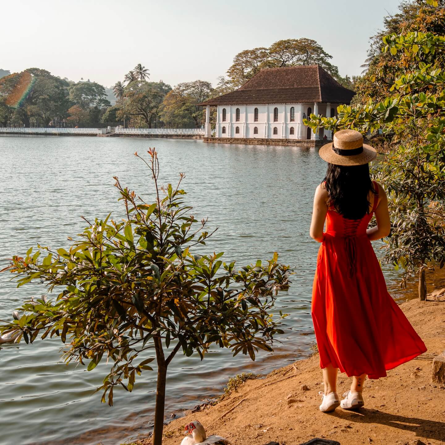 Stella with red dress at the Kandy Lake