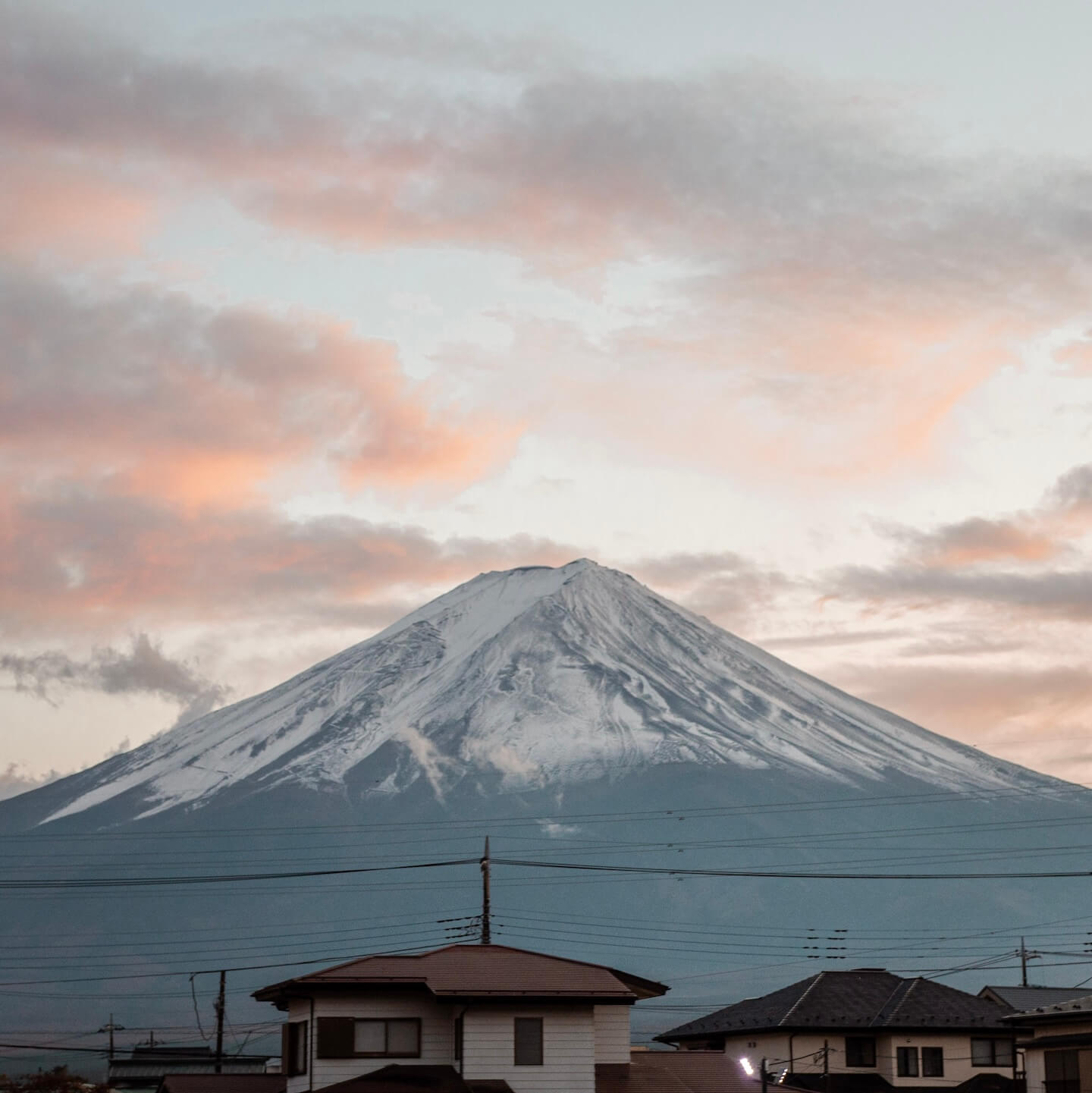 Mt Fuji Japan with snow at sunset