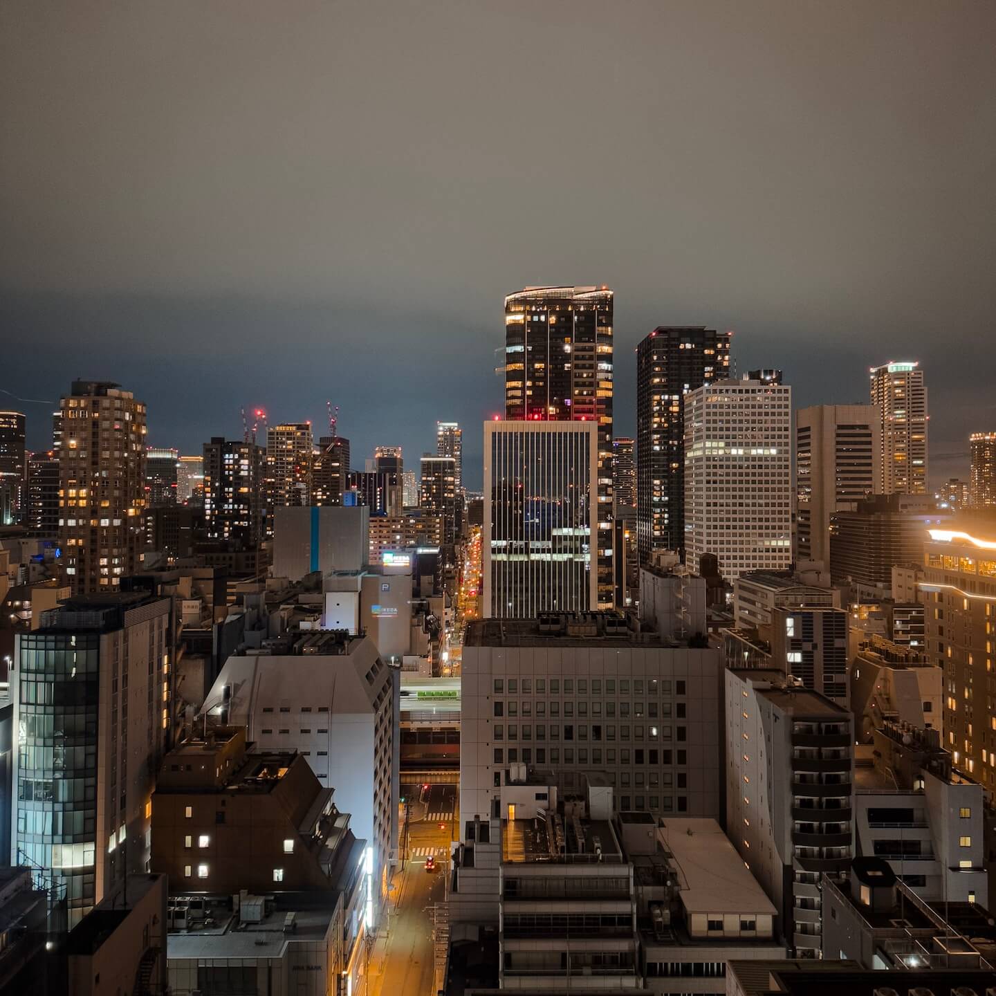 Osaka skyscrapers view from rooftop at night